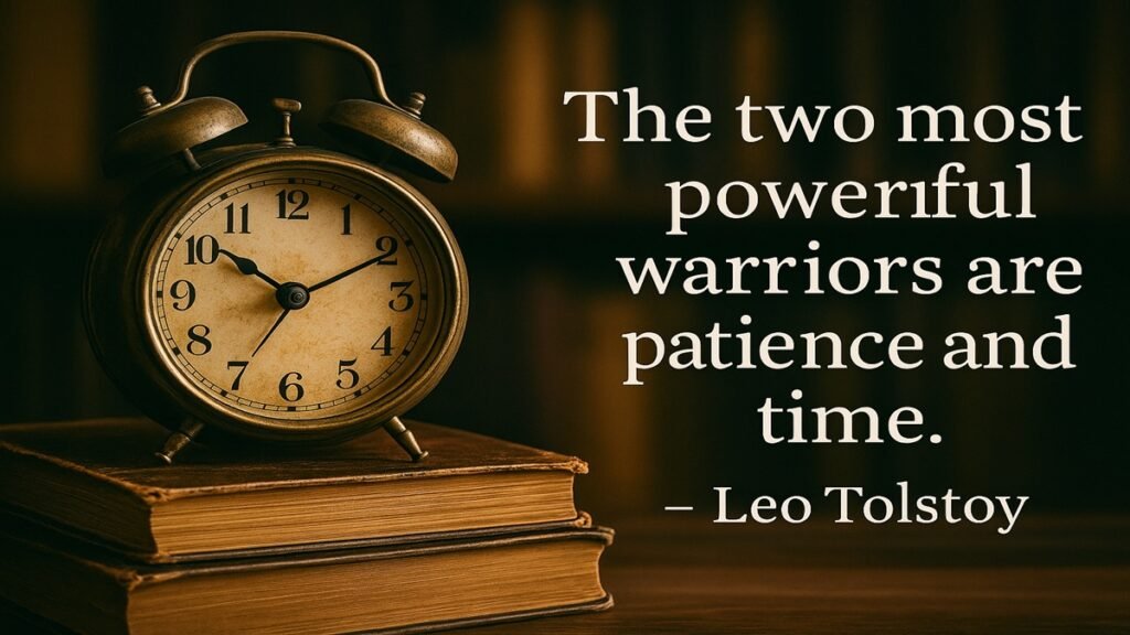 “Leo Tolstoy Inspirational time management quote with vintage clock and motivational message overlay in 16:9 HD format.”