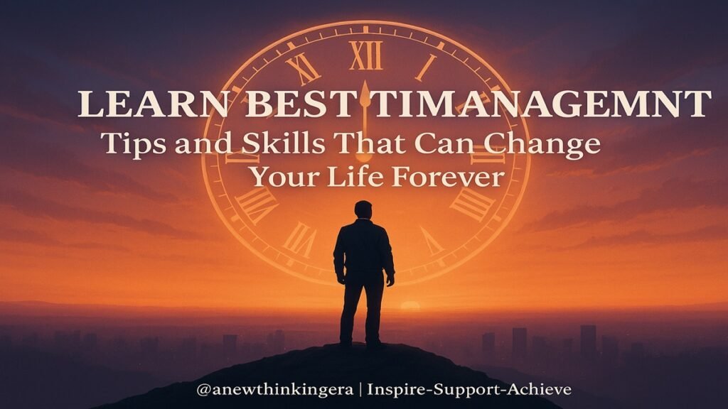 Learn Best Time Management: Powerful Tips & Skills to Change Your Life Forever 2025 1 Man standing under a glowing sky before a giant clock, representing the art of Time Management and living with balance.