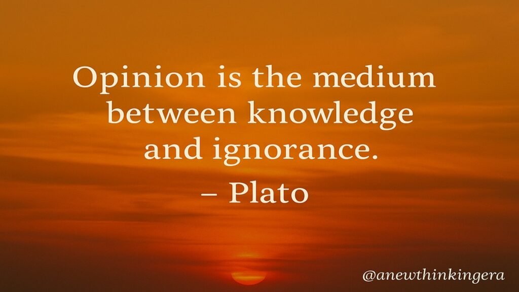 Plato quote "Opinion is the medium between knowledge and ignorance" on a serene sunset background – inspirational Greek philosophy quote.