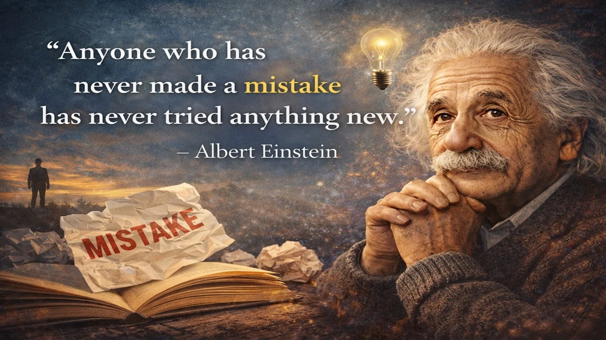 Albert Einstein quote image saying anyone who has never made a mistake has never tried anything new, symbolizing learning, creativity, and personal growth.