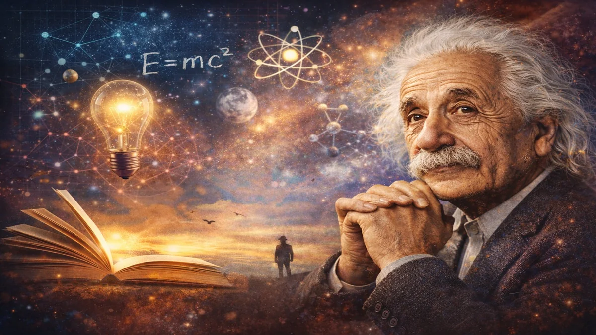 Albert Einstein Quotes: Albert Einstein portrait with cosmic background symbolizing imagination, intelligence, and inspiring Albert Einstein quotes on life and creativity.