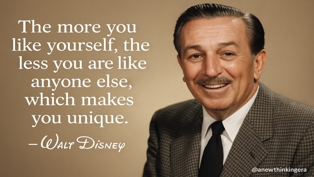 Walt Disney Quote â âThe more you like yourself, the less you are like anyone else, which makes you unique.â Inspirational portrait of Walt Disney.