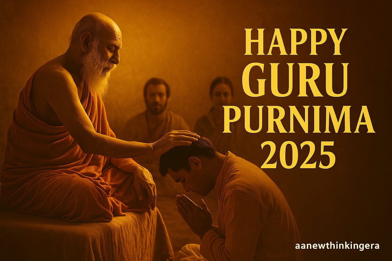 Guru purnima Quotes Realistic image of a guru blessing children with a serene mountain landscape and soft pastel colors in the background