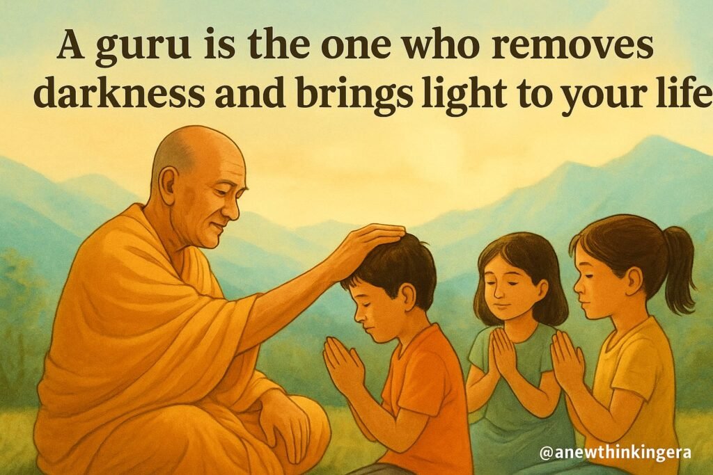 Guru Purnima Quotes, Wishes, and Messages for 2025: Celebrate the Sacred Bond of Gurus and Disciples 1 Realistic image of a guru blessing children with a serene mountain landscape and soft pastel colors in the background