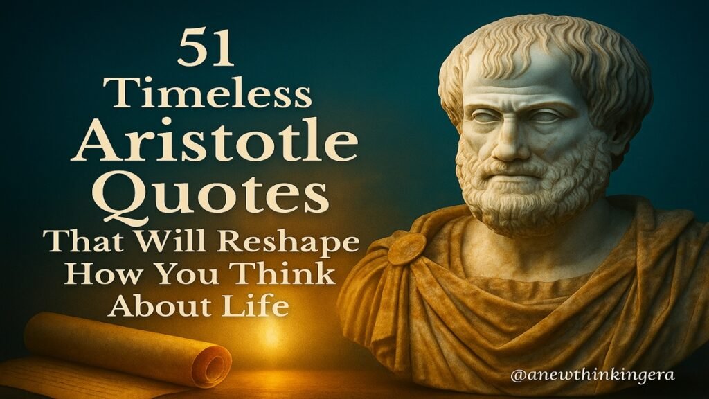 Feature image of 51 Timeless Aristotle Quotes That Will Reshape How You Think About Life” with Aristotle bust, glowing scroll, and golden-blue gradient.