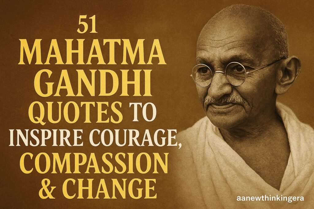 Portrait of Mahatma Gandhi Quotes with text “51 Mahatma Gandhi Quotes to Inspire Courage, Compassion & Change” on sepia background.