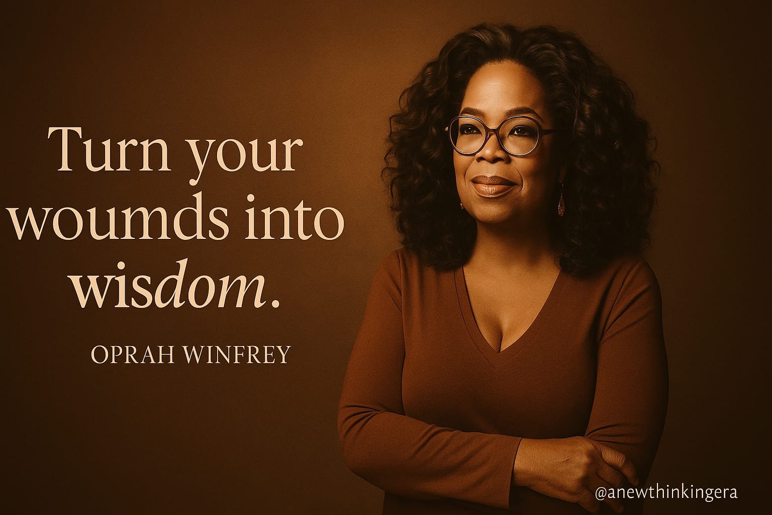 Oprah Winfrey smiling in warm lighting with her quote “Turn your wounds into wisdom” written beside her.