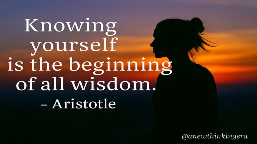 "Aristotle quote 'Knowing yourself is the beginning of all wisdom' with silhouette of a woman at sunset background – inspirational life wisdom"