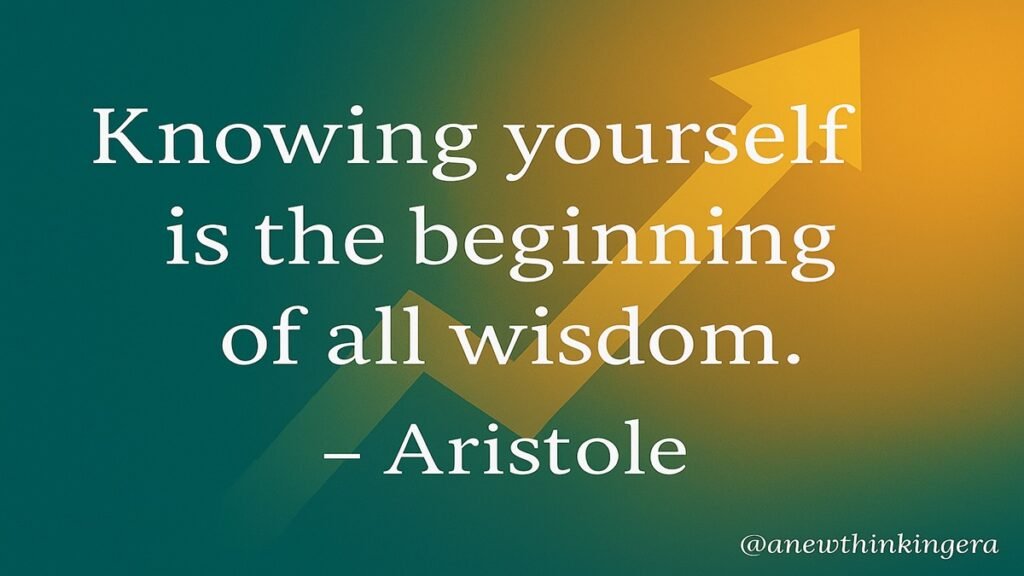Aristotle quote image: “Happiness depends upon ourselves” with sunrise mountain landscape in golden-orange gradient background.