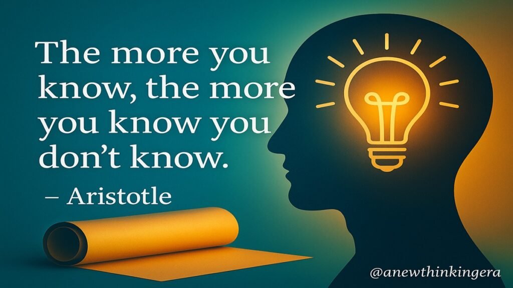 Aristotle quote image: “The more you know, the more you know you don’t know” with glowing lightbulb silhouette on vibrant blue-yellow gradient background.