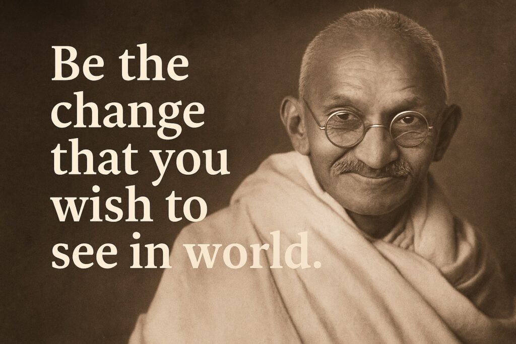 51 Mahatma Gandhi Quotes to Inspire Courage, Compassion & Change 3 Sepia-toned portrait of Mahatma Gandhi smiling warmly with the quote “Be the change that you wish to see in world.”