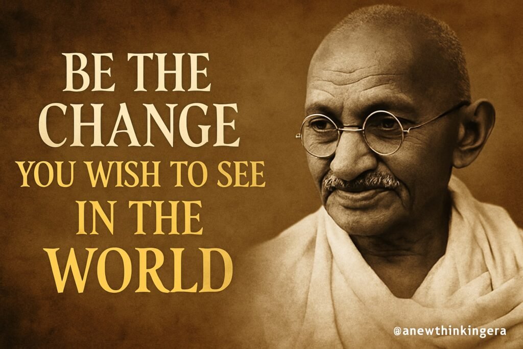 51 Mahatma Gandhi Quotes to Inspire Courage, Compassion & Change 2 Sepia-toned portrait of Mahatma Gandhi quotes “Be the change you wish to see in the world” displayed prominently.
