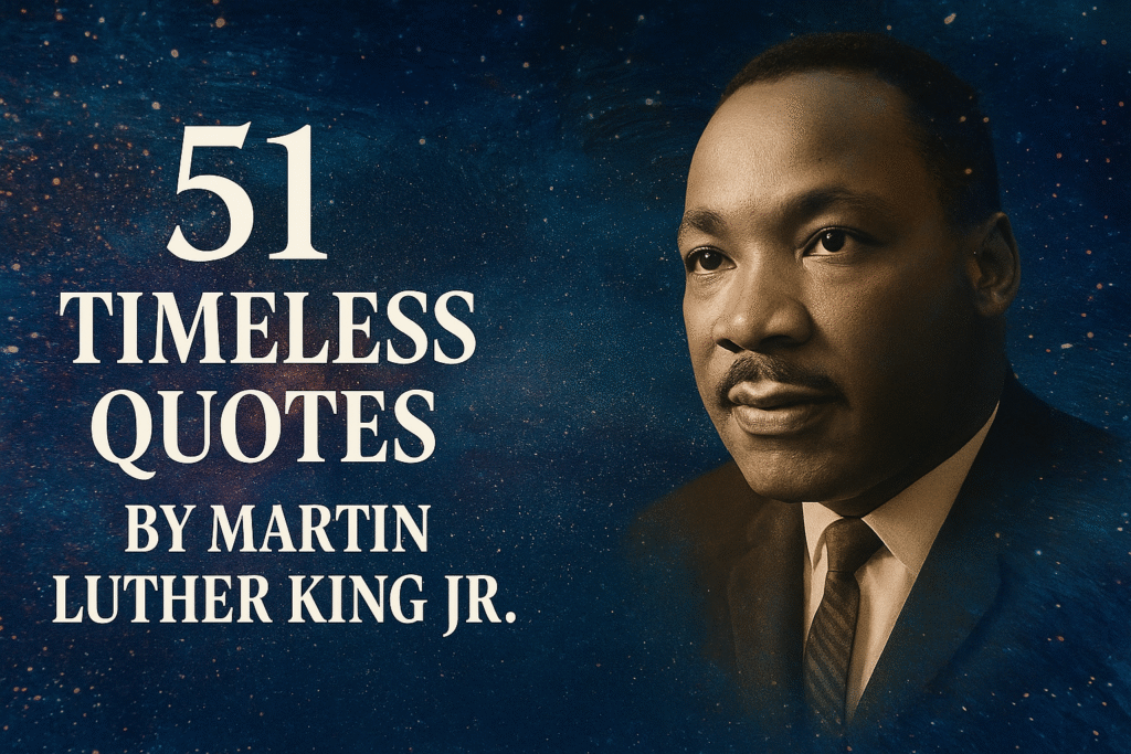Inspirational featured image for Quotes of Martin Luther King Jr showing his portrait blended with a cosmic galaxy background