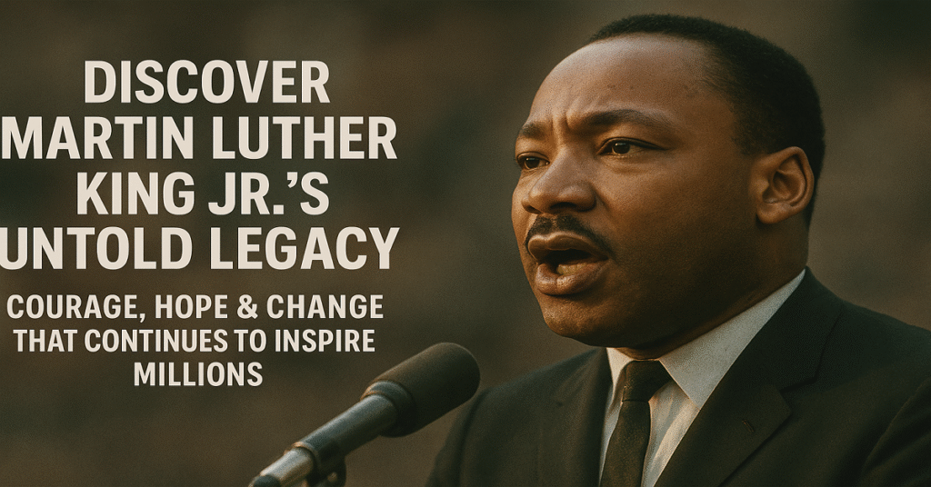 Martin Luther King Jr. speaking passionately at a podium with the overlay ‘Discover Martin Luther King Jr.’s Untold Legacy – Courage, Hope & Change That Continues to Inspire Millions