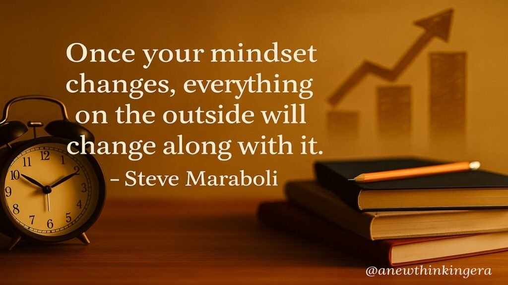 Motivational quote by Steve Maraboli: “Once your mindset changes, everything on the outside will change along with it.” Displayed over a study desk scene with a clock, books, and pencil.