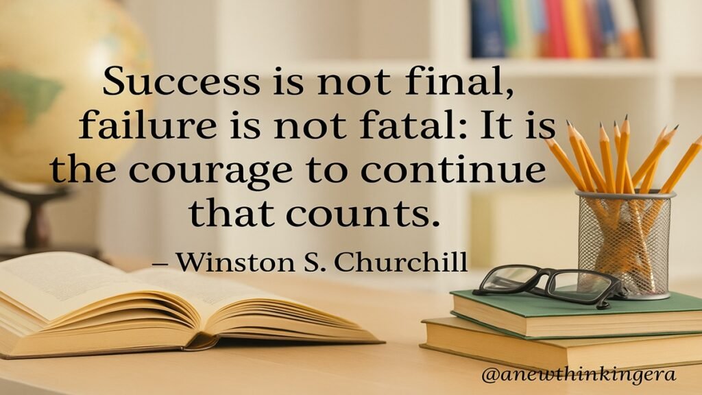 Motivational quote by Winston S. Churchill: “Success is not final, failure is not fatal: It is the courage to continue that counts.” Displayed on a study desk with books, pencils, glasses, and an open book.