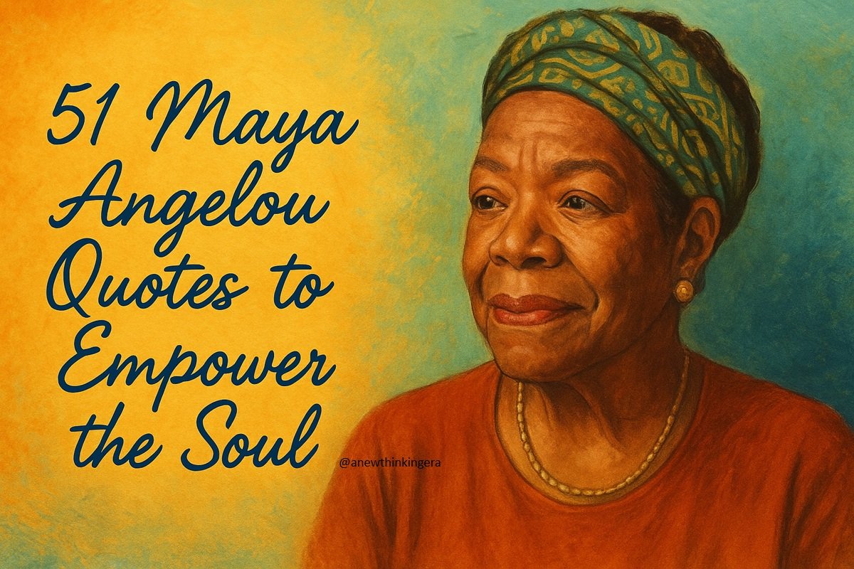 Elegant cursive title “51 Maya Angelou Quotes to Empower the Soul” over a creative, high-resolution portrait of Maya Angelou, featuring a warm, inspirational background with artistic flourishes.