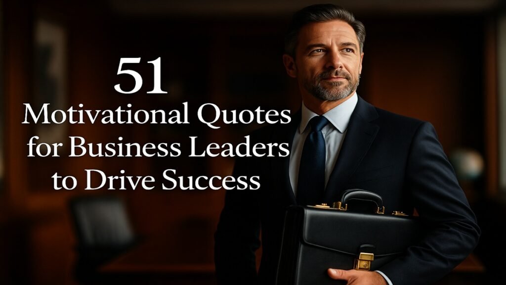 “51 Motivational Quotes for Business Leaders to Drive Success – Feature Image with professional business tycoon background and money briefcase”