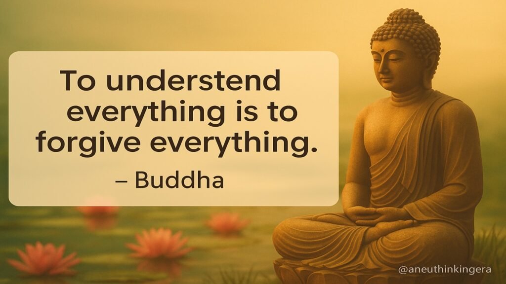 Buddha statue with lotus flowers background and quote: To understand everything is to forgive everything.
