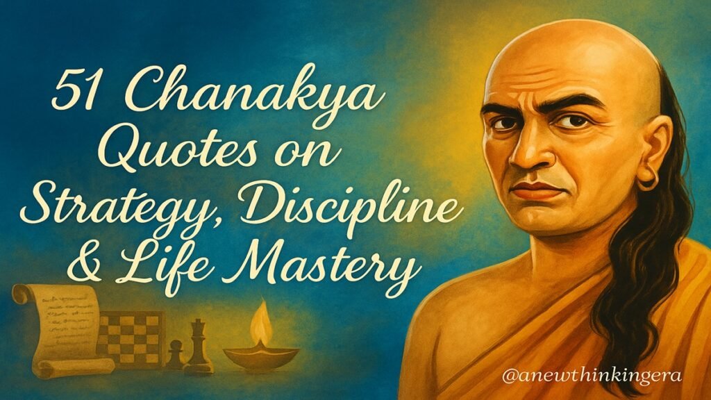 Feature image – 51 Chanakya Quotes on Strategy, Discipline & Life Mastery with Chanakya portrait and modern blue-golden blended background