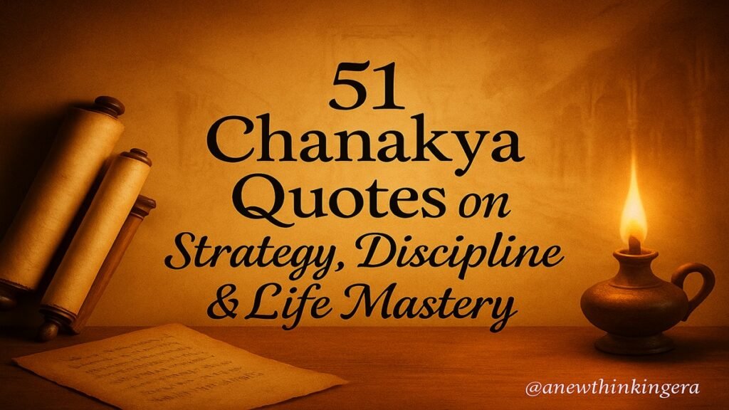 Feature image – 51 Chanakya Quotes on Strategy, Discipline & Life Mastery with ancient Indian scrolls, manuscript, and oil lamp