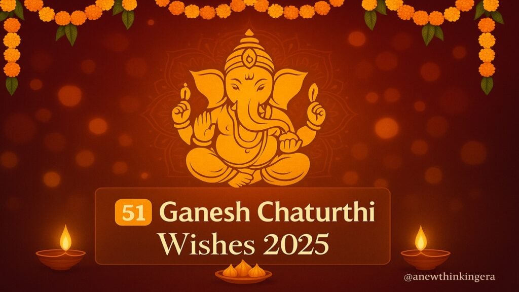 Lord Ganesha with diyas and marigold garlands – 51 Ganesh Chaturthi Wishes 2025 feature image.