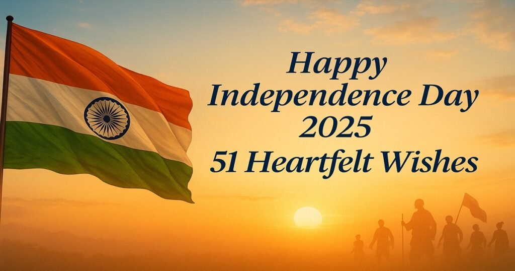 Indian tricolor waving at sunrise with silhouettes of freedom fighters and text “Happy Independence Day 2025 – 51 Heartfelt Wishes”