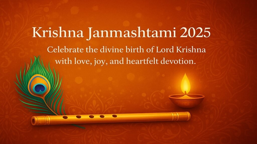 "HD Krishna Janmashtami wishes 2025 greeting card with Lord Krishna playing flute, vibrant floral design, and festive message"