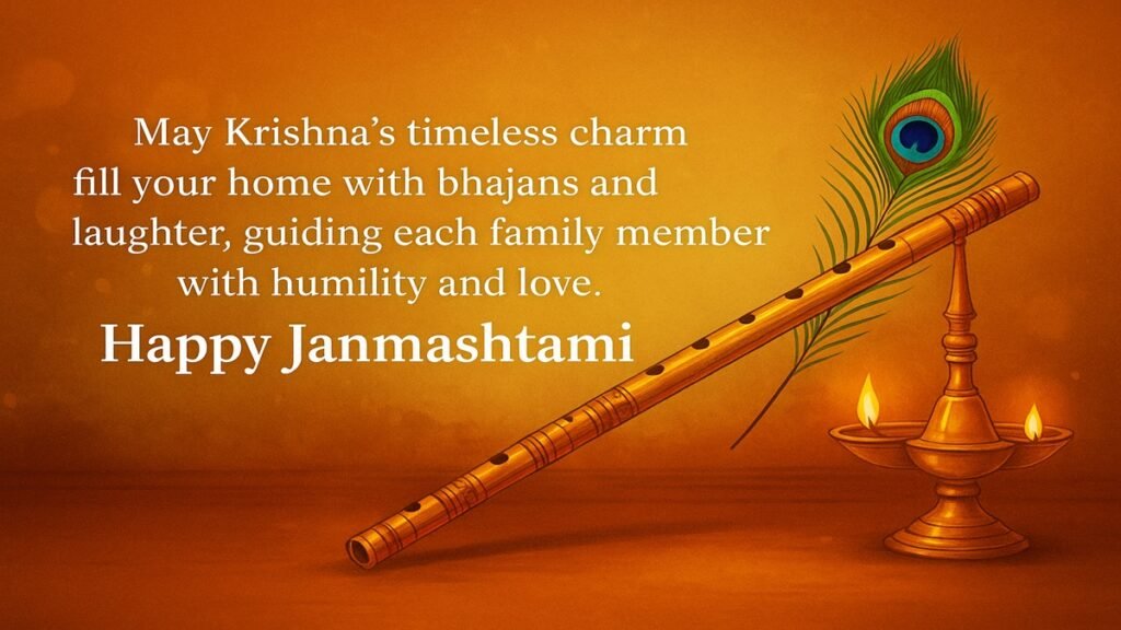 "HD Krishna Janmashtami wishes 2025 illustration of Lord Krishna standing in a temple courtyard with flute, peacock feather crown, and festive decorations"