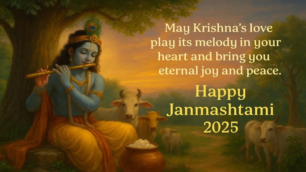 HD digital painting of Lord Krishna celebrating Krishna Janmashtami Wishes 2025, holding a flute with a serene background of temples and peacock feathers.