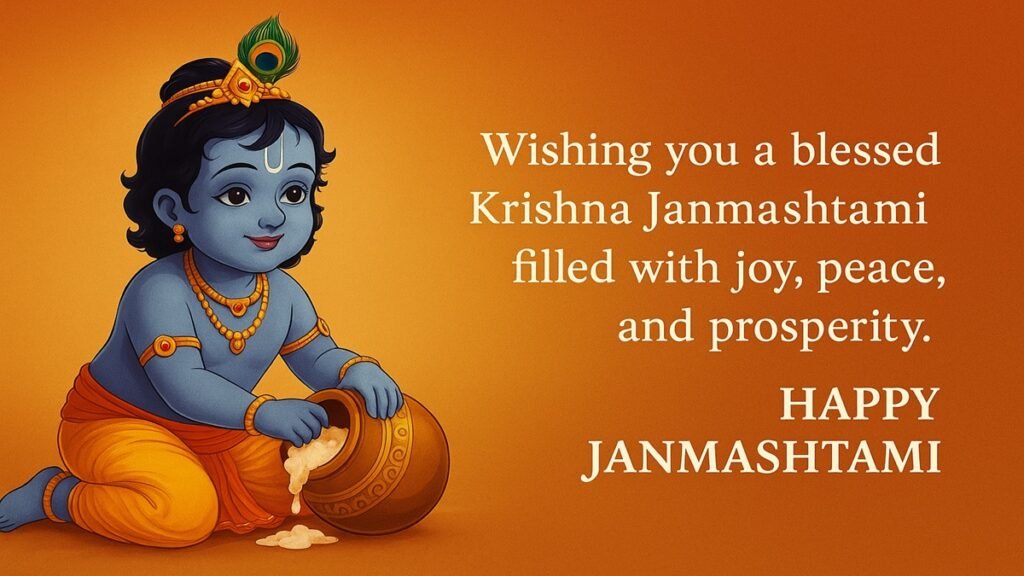 "HD Krishna Janmashtami wishes 2025 greeting card with Lord Krishna holding a flute, peacock feather crown, and festive message on vibrant background"
