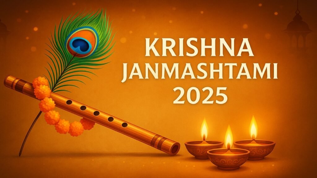 "HD digital illustration celebrating Krishna Janmashtami Wishes 2025 – 51 Heartfelt Wishes, Messages & Quotes 2025 with flute, peacock feather, and vibrant festive background in 16:9 aspect ratio"