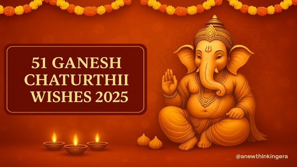 тАЬLord Ganesha with marigold garlands and diyas тАФ feature for 51 Ganesh Chaturthi Wishes 2025.тАЭ