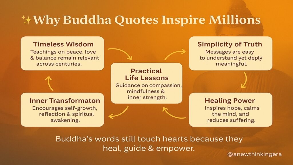 Flowchart infographic showing reasons why Buddha quotes inspire millions, featuring a serene golden Buddha background with visible text highlighting wisdom, mindfulness, compassion, and universal relevance.