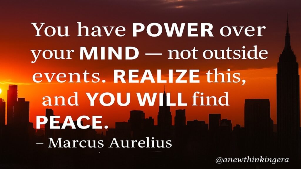 Marcus Aurelius quote “You have POWER over your MIND — not outside circumstances. REALIZE this, and YOU WILL find STRENGTH” with bold emphasis on key words against mountain sunset background