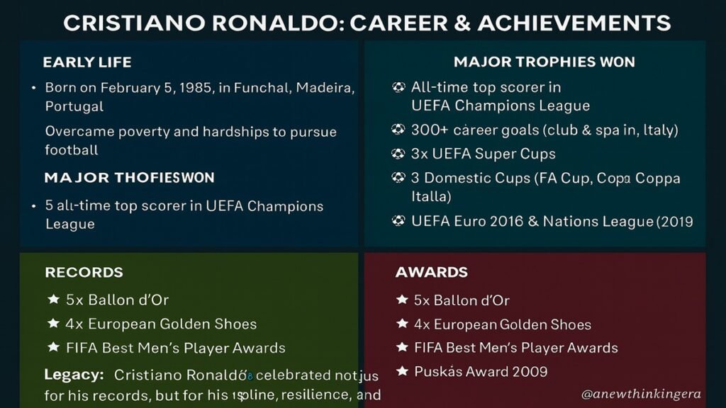 Cristiano Ronaldo career achievements infographic showing Manchester United, Real Madrid, Juventus, Al Nassr, and Portugal highlights.