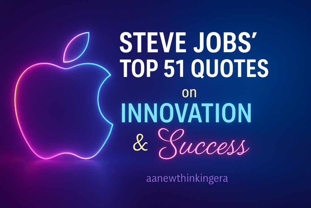 Steve Jobs featured image with glowing Apple neon design and title “Top 51 Quotes on Innovation & Success”