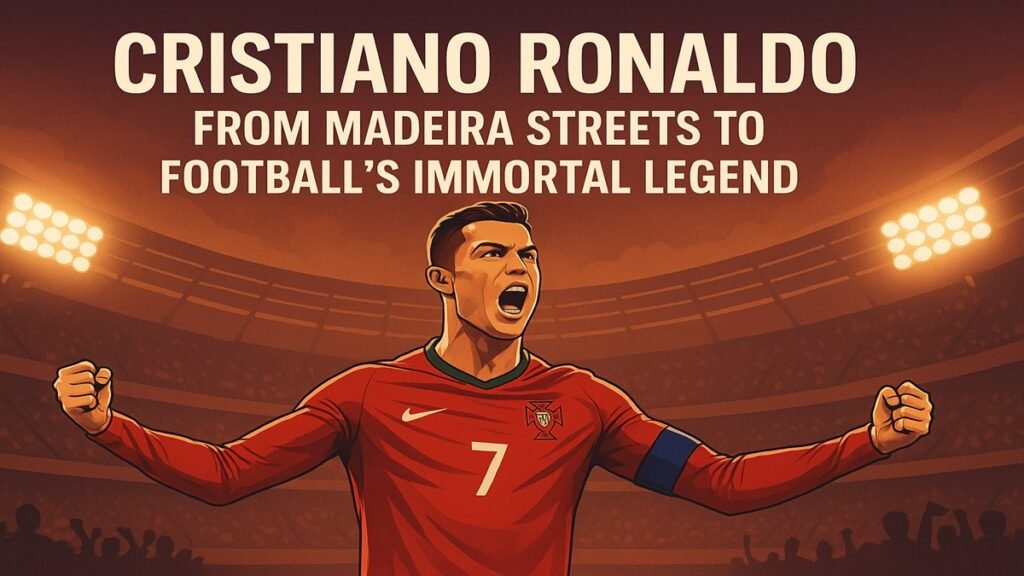 Cristiano Ronaldo celebrating in a stadium – from Madeira streets to football’s immortal legend.