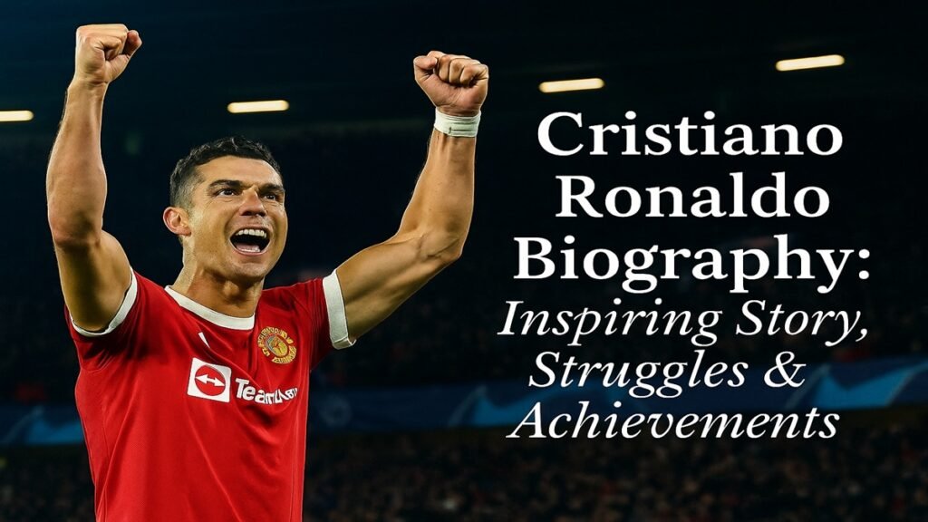 Cristiano Ronaldo celebrating in front of a stadium crowd – inspiring biography of struggles and achievements.