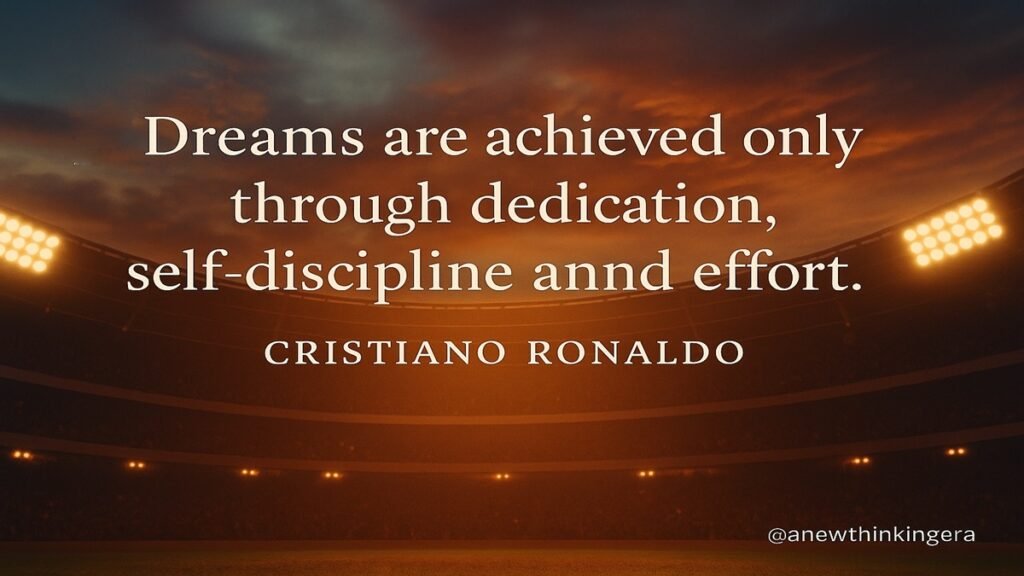 Cristiano Ronaldo in a powerful moment, with stadium lights in the background and an inspirational quote overlay.