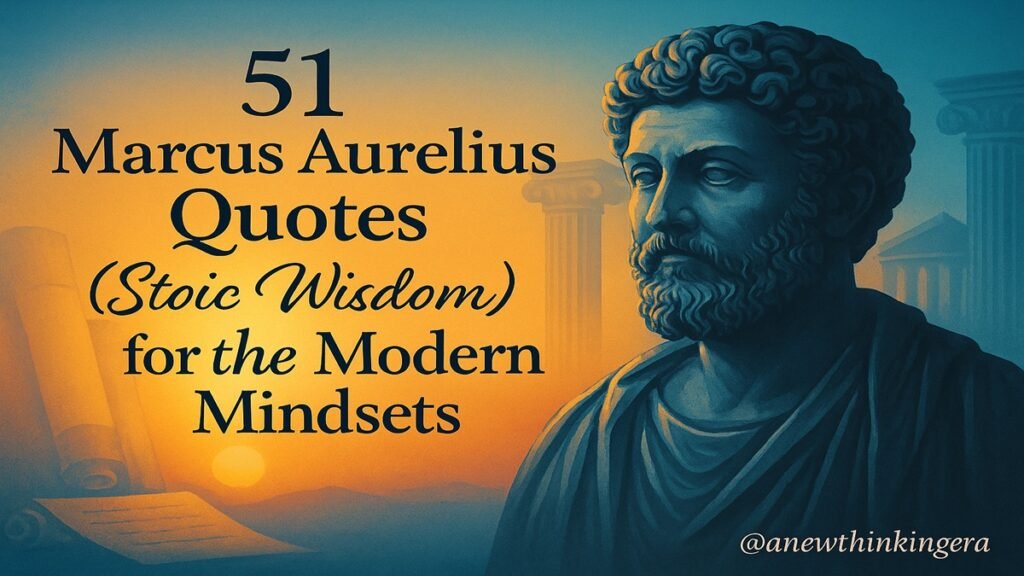 Feature image – Marcus Aurelius quotes on Stoic wisdom with statue silhouette, Roman motifs, and sunrise gradient