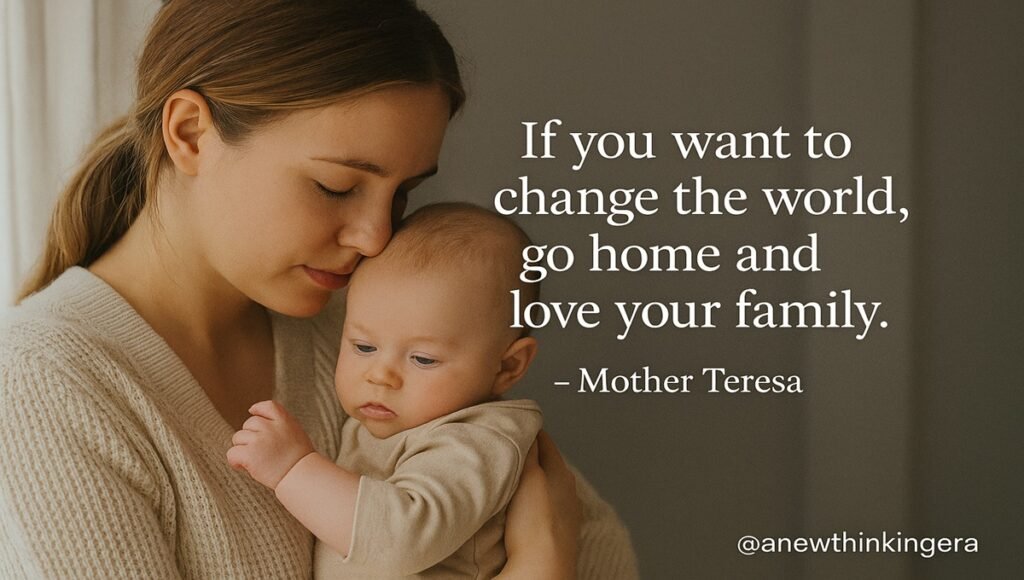 Mother Teresa quote “If you want to change the world, go home and love your family” with a mother holding her baby