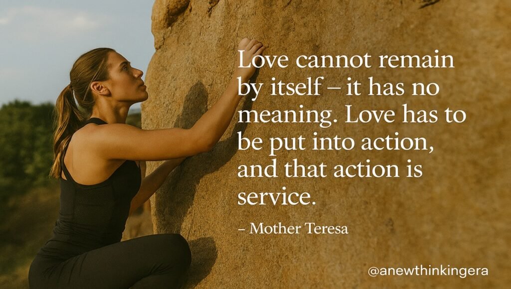 Mother Teresa quotes “Love cannot remain by itself – it has no meaning. Love has to be put into action, and that action is service” with a woman climbing a rock