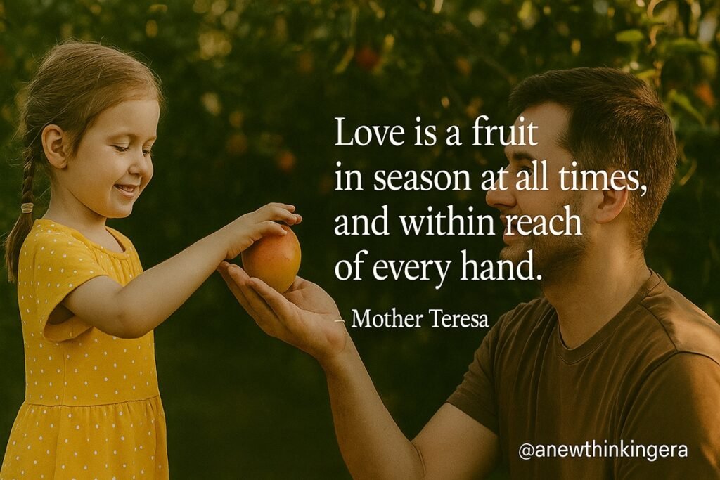 Mother Teresa quote “Love is a fruit in season at all times, and within reach of every hand” with a girl handing fruit to a man
