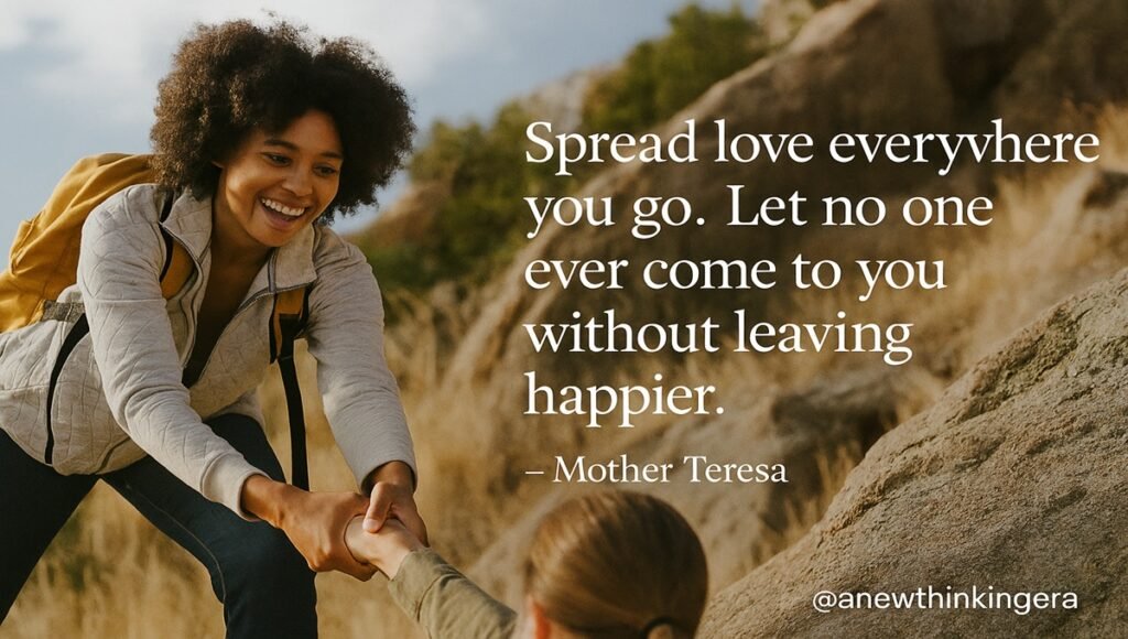 Mother Teresa quote “Spread love everywhere you go. Let no one ever come to you without leaving happier” with a woman helping another person climb a hill