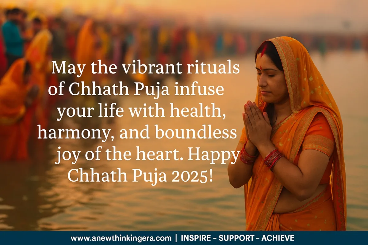 Chhath Puja Wishes in English. Devotees in orange attire performing Chhath Puja rituals at riverbank during sunset with divine energy and faith.