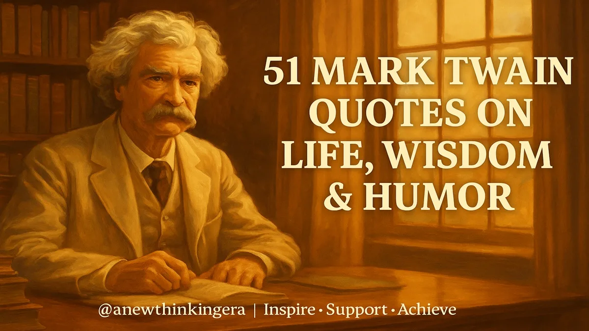 Mark Twain sitting by a wooden desk in warm golden light with title text “51 Mark Twain Quotes on Life, Wisdom & Humor” — motivational featured image for anewthinkingera.com