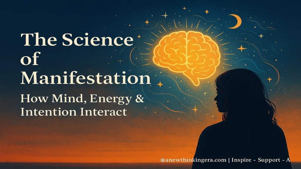 Manifestation Mastery: Transforming Thoughts into Reality in 2025 4 A silhouette looking at a glowing brain surrounded by stars and light waves, representing the science of manifestation.