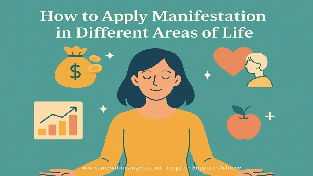 Manifestation Mastery: Transforming Thoughts into Reality in 2025 5 How to apply Manifestation in Life: A woman meditating calmly with icons of money, health, love, and growth around her.