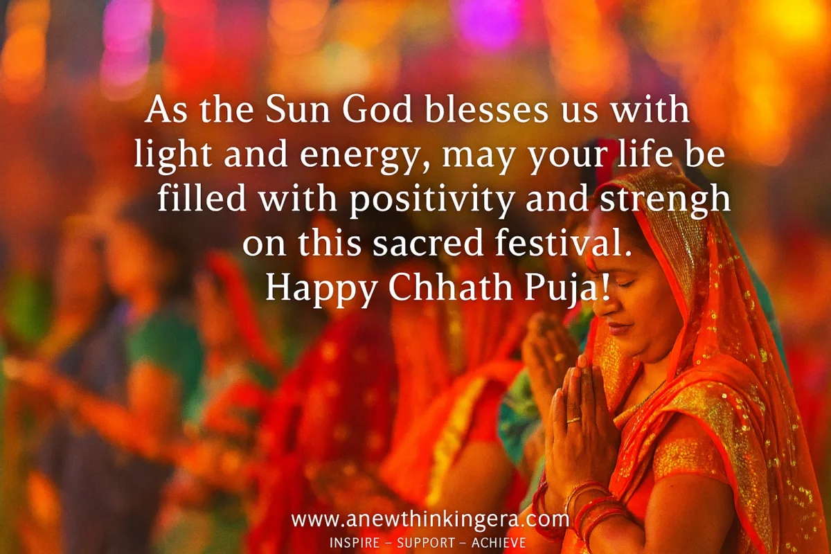 A woman dressed in a vibrant red saree praying with folded hands during Chhath Puja 2025, surrounded by colorful lights and festive atmosphere.